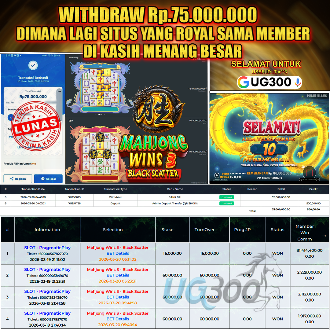 UG300 BERMAIN MAHJONG WINS 3 BLACK SCATTER  DAPAT JACKPOT MAXWIN WD Rp.75,000,000- DI BAYAR TUNTAS